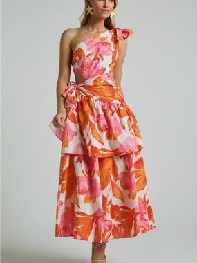 Showpo Pink & Orange One-Shoulder Midi Dress